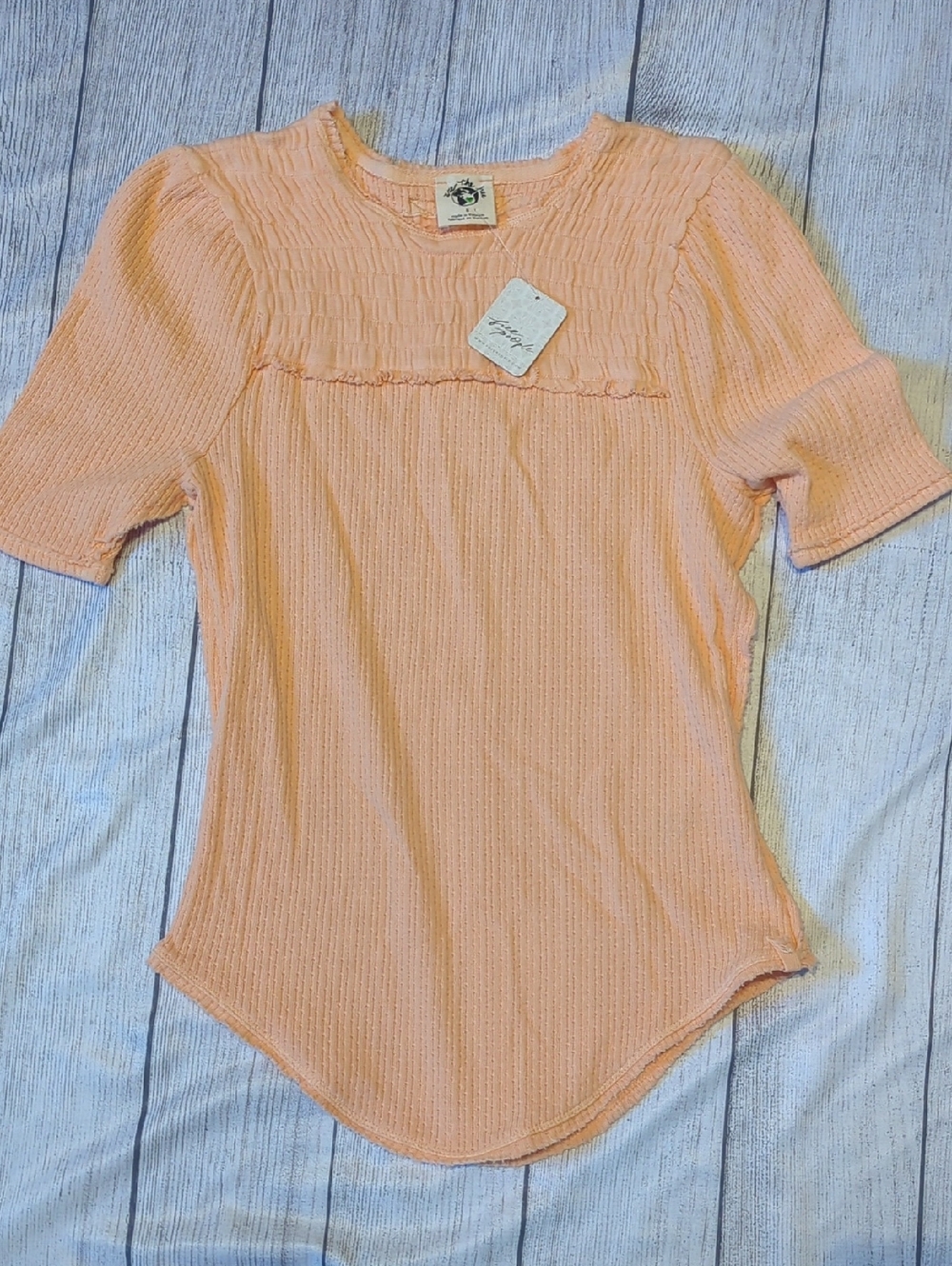 We The Free Peach Ribbed Short Sleeve Smocked Yoke Tee - Light Peach